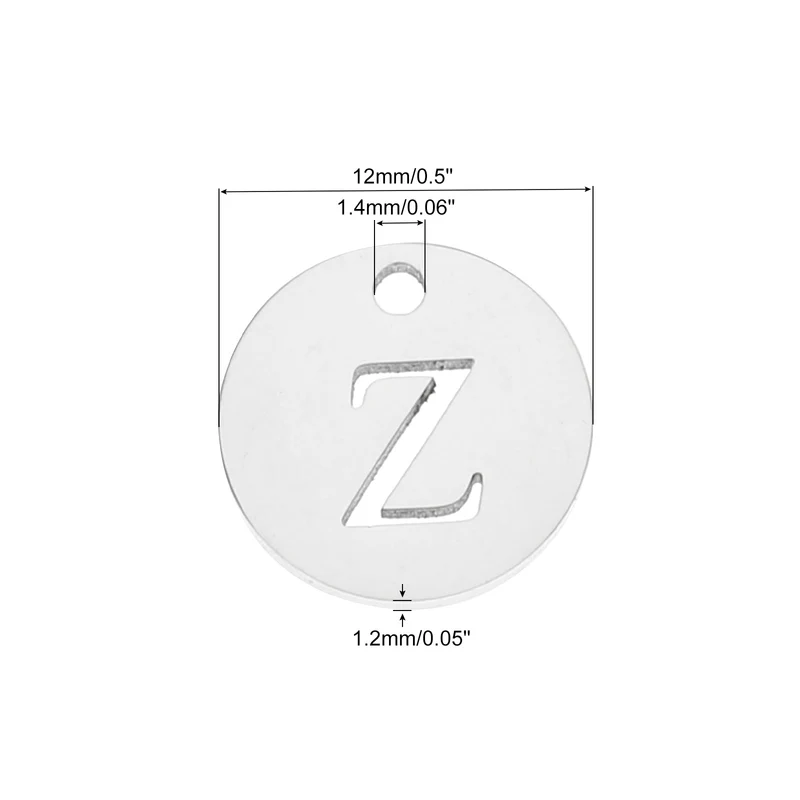 Alphabet Letter Charm Letter Z 12mm(1/2") Round Capital Alphabet Charm Stainless Steel Silver Tone for Pendant, DIY Jewelry Making, Pack of 5