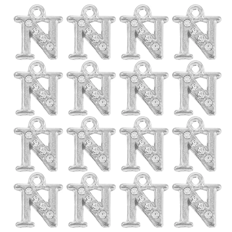 Rhinestone Letter Charm, 16pcs 1.5mm Metal N Letter Charm, Silver