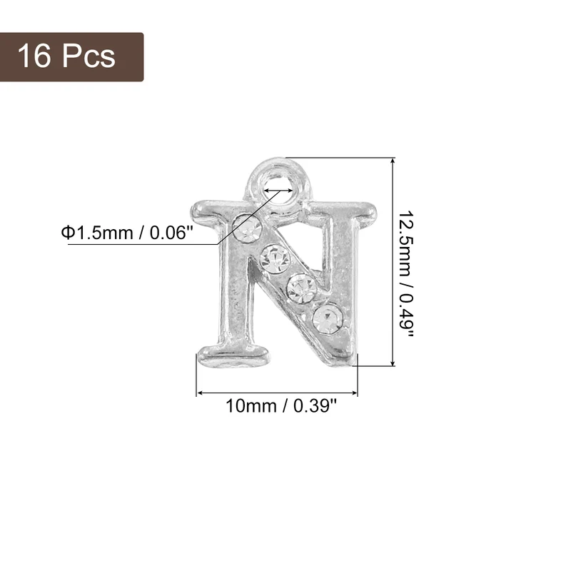 Rhinestone Letter Charm, 16pcs 1.5mm Metal N Letter Charm, Silver
