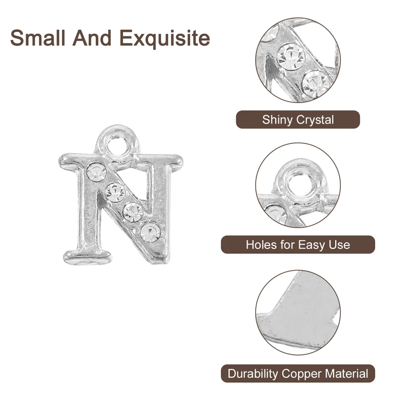 Rhinestone Letter Charm, 16pcs 1.5mm Metal N Letter Charm, Silver