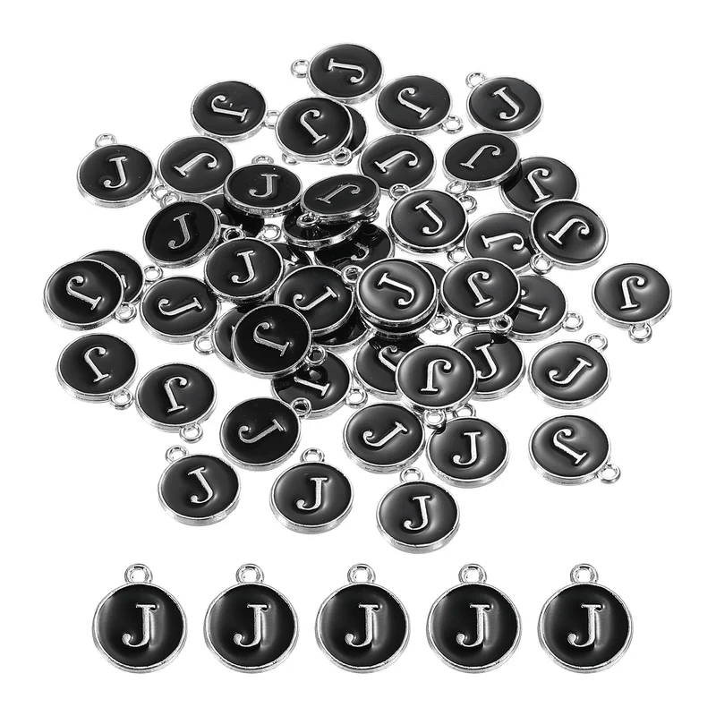 50 Pcs Alphabet J Enamel Letter Charm Enamel Initial Charm Black