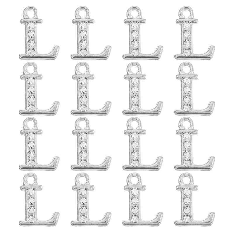 Rhinestone Letter Charm, 16pcs 1.5mm Metal L Letter Charm, Silver