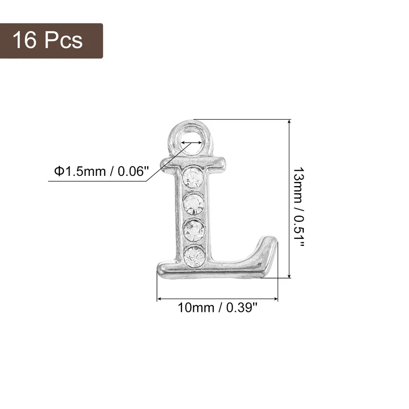 Rhinestone Letter Charm, 16pcs 1.5mm Metal L Letter Charm, Silver