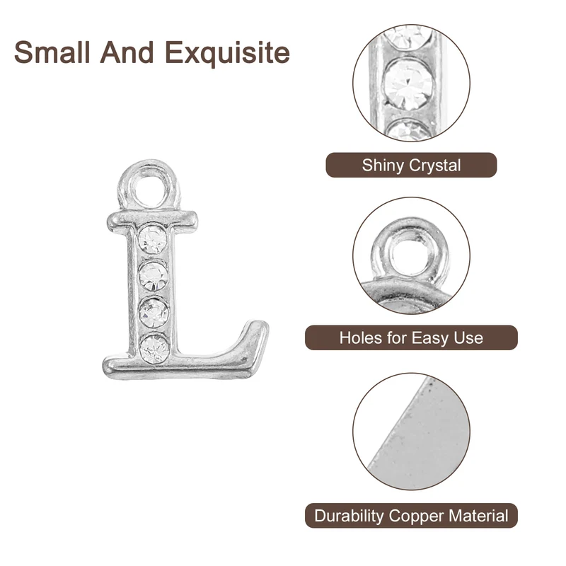 Rhinestone Letter Charm, 16pcs 1.5mm Metal L Letter Charm, Silver