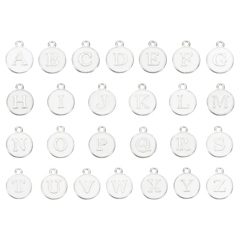 Alphabet A-Z Enamel Letter Charm Enamel Initial Charm Silver White, 26pcs