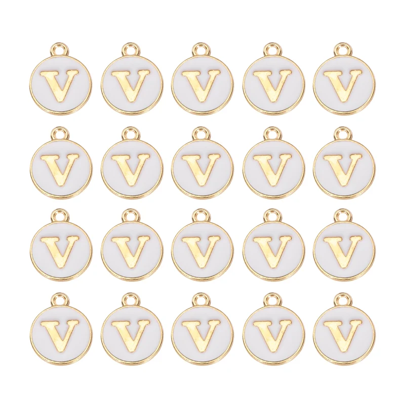 36pcs Letter V Pendants Double Sided Charm Enamel Alphabet Pendant Gold & White
