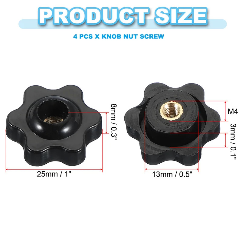 M4 x 25mm Through Hole Knob Nut Screw 4 Pcs Brass Female Thread Knob Black