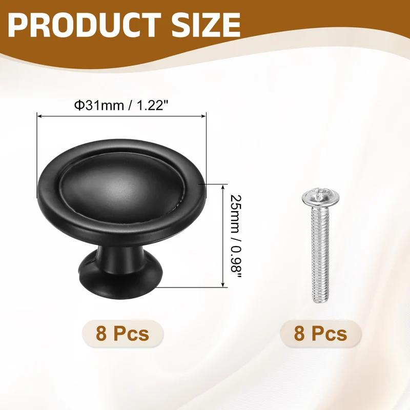 8Pcs Cabinet Knobs, 1.22" Single Hole Round Drawer Knob with Screws, Black