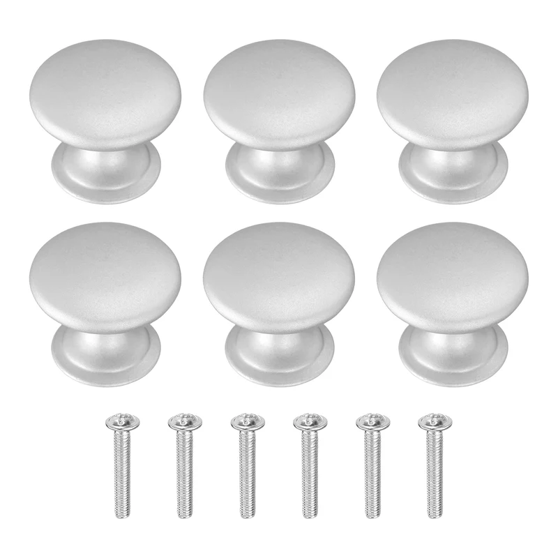 6Pcs Cabinet Knobs, 0.98" Single Hole Round Drawer Knob with Screws, Silver