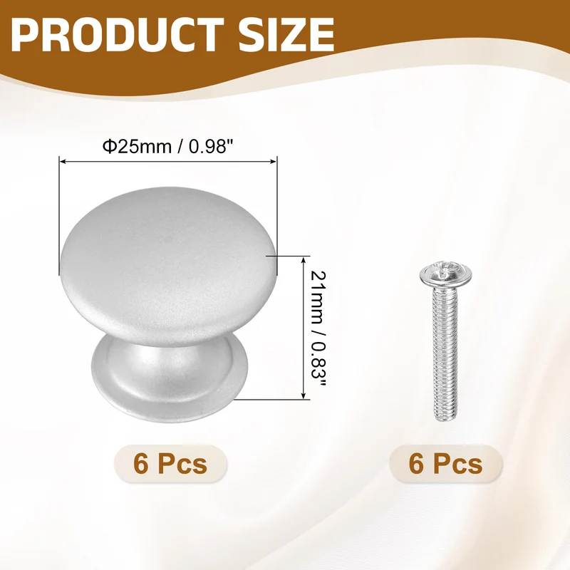 6Pcs Cabinet Knobs, 0.98" Single Hole Round Drawer Knob with Screws, Silver