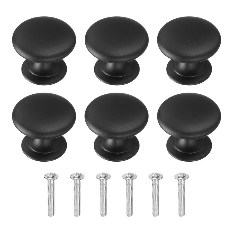 6Pcs Cabinet Knobs, 0.98" Single Hole Round Drawer Knob with Screws, Black