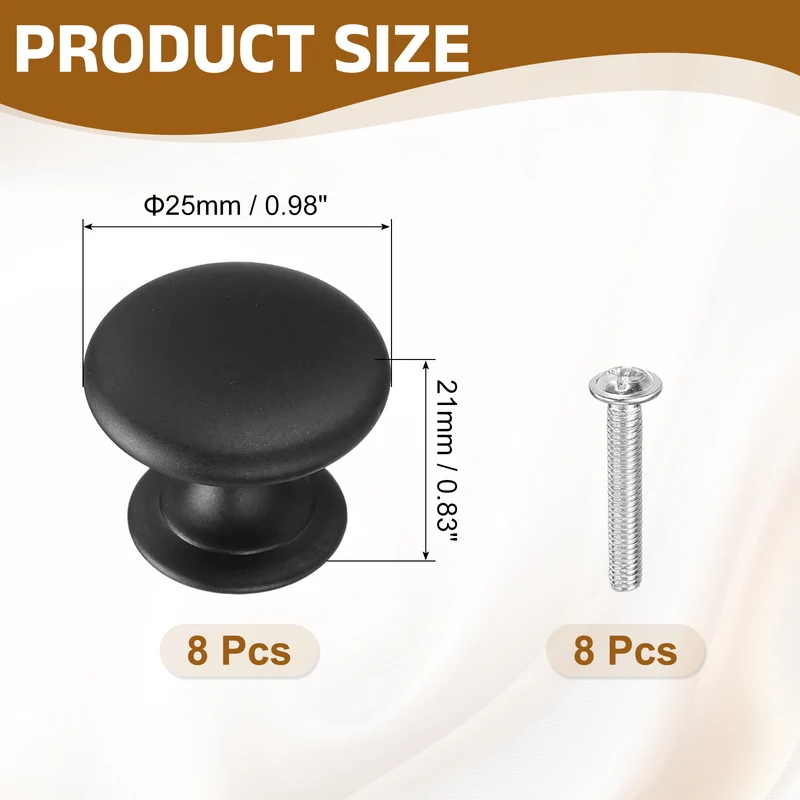8Pcs Cabinet Knobs, 0.98" Single Hole Round Drawer Knob with Screws, Black