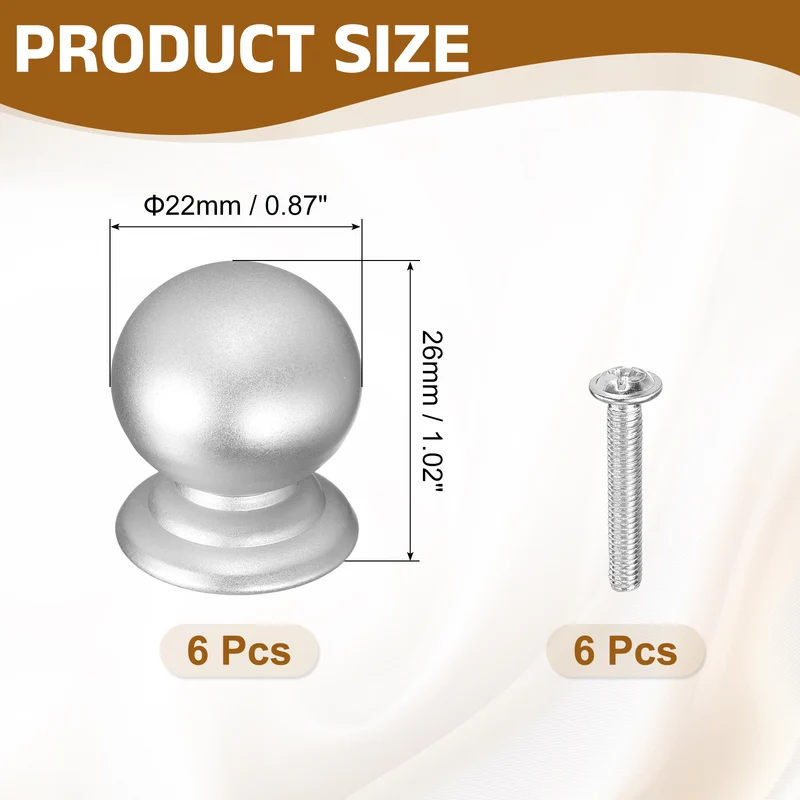 6Pcs Cabinet Knobs, 0.87" Single Hole Round Ball Drawer Knob with Screws, Silver