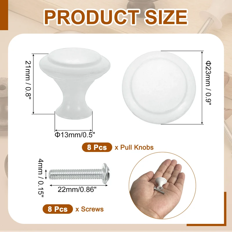 8Pcs Stainless Steel Knobs Single Hole Pull with Screw 23mm White