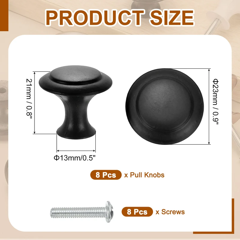 8Pcs Stainless Steel Knobs Single Hole Pull with Screw 23mm Black