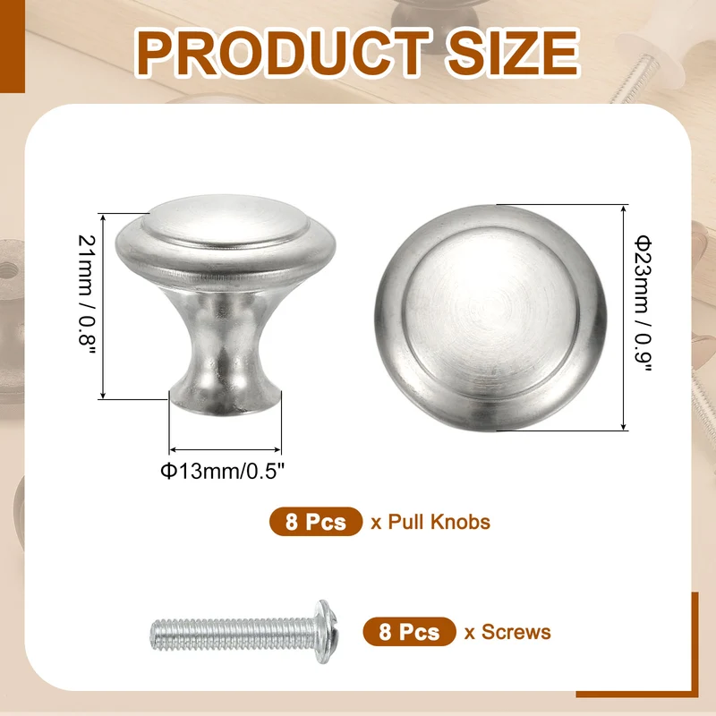 8Pcs Stainless Steel Knobs Single Hole Pull with Screw 23mm Silver