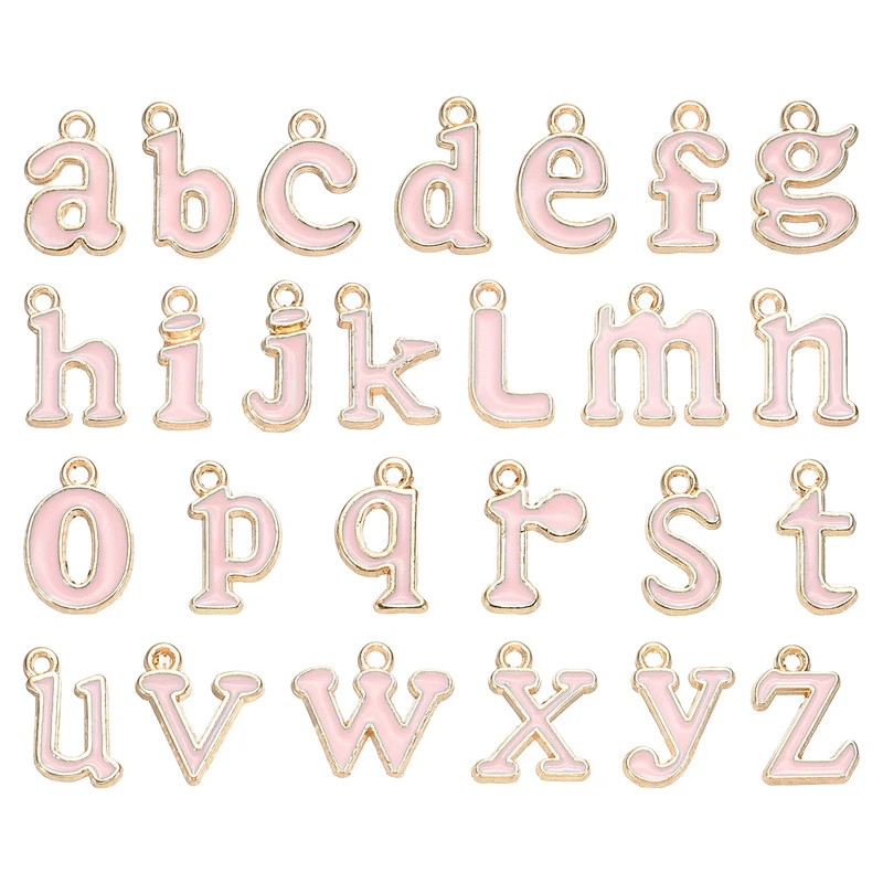 52Pcs A-Z Alphabet Letters Charm, Enamel Letter Charm, Pink