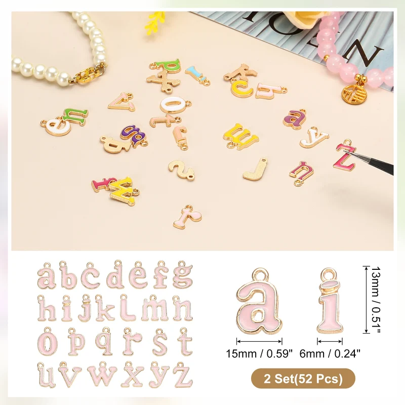 52Pcs A-Z Alphabet Letters Charm, Enamel Letter Charm, Pink