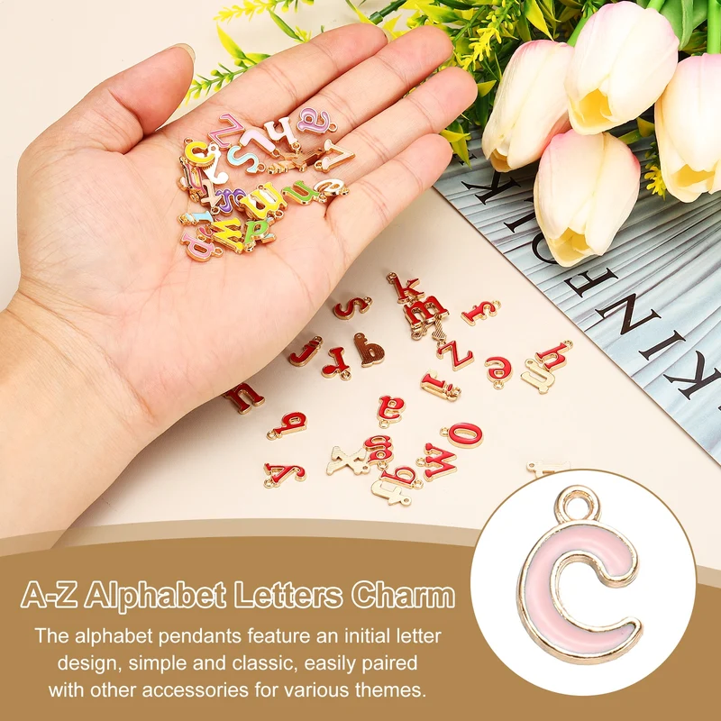 52Pcs A-Z Alphabet Letters Charm, Enamel Letter Charm, Pink
