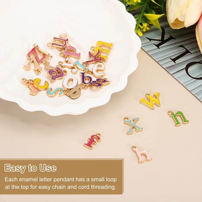 52Pcs A-Z Alphabet Letters Charm, Enamel Letter Charm, Pink