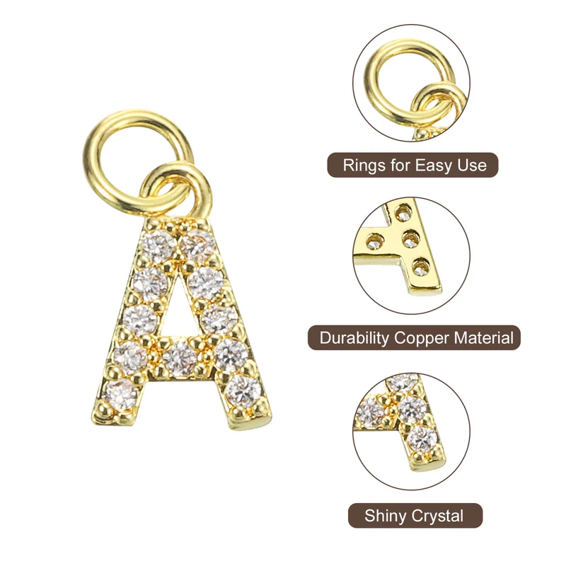 8pcs Rhinestone Letter Charm 3.2mm Copper A Letter Charm Golden