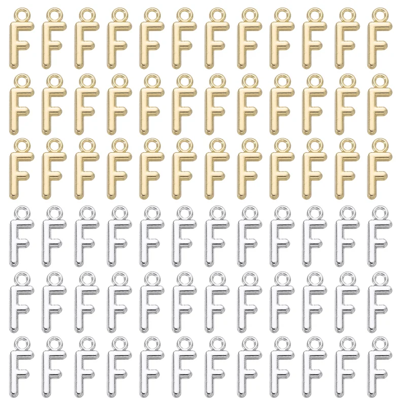 0.3" Letter Charm A-Z for Jewelry Making - F (100 Pack, Bright Silver/Dark Gold)