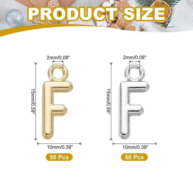 0.3" Letter Charm A-Z for Jewelry Making - F (100 Pack, Bright Silver/Dark Gold)