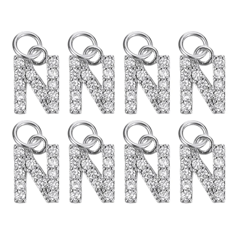 Rhinestone Letter Charm, 8pcs 3.2mm Copper N Letter Charm, White Gold