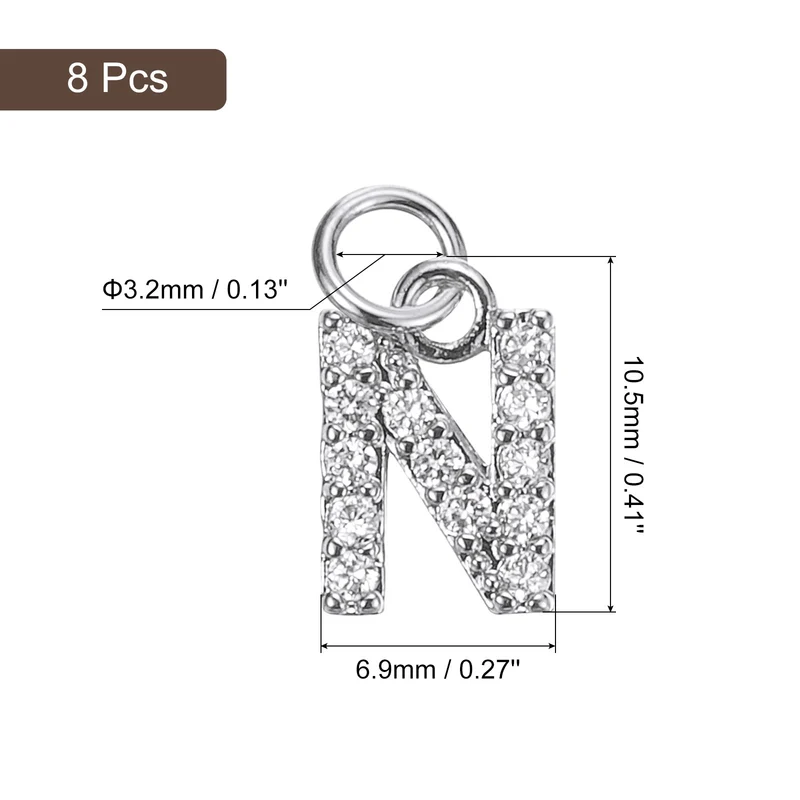 Rhinestone Letter Charm, 8pcs 3.2mm Copper N Letter Charm, White Gold