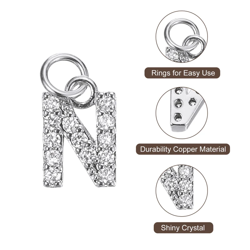 Rhinestone Letter Charm, 8pcs 3.2mm Copper N Letter Charm, White Gold