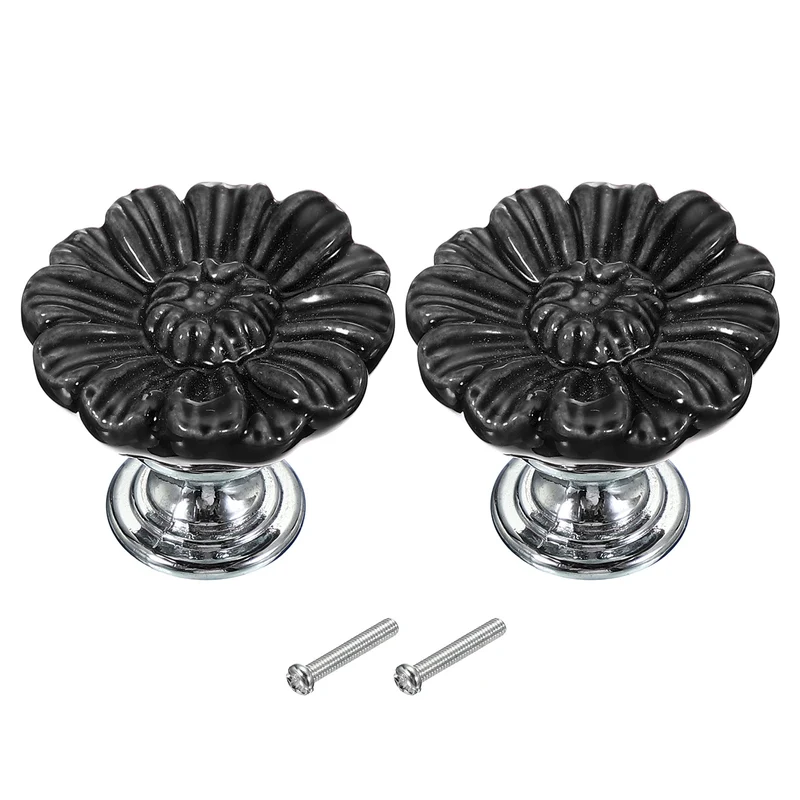 2 Pcs Floral Cabinet Knobs 1-5/16" Ceramic Round Dresser Drawer Knobs, Black