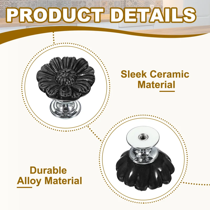 2 Pcs Floral Cabinet Knobs 1-5/16" Ceramic Round Dresser Drawer Knobs, Black