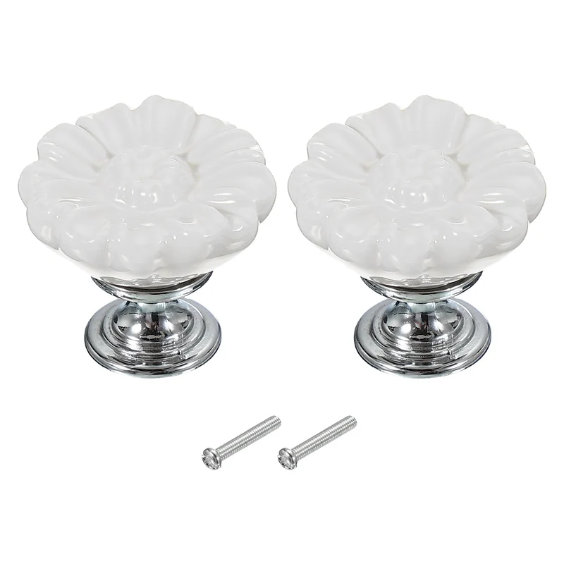2 Pcs Floral Cabinet Knobs 1-5/16" Ceramic Round Dresser Drawer Knobs, White