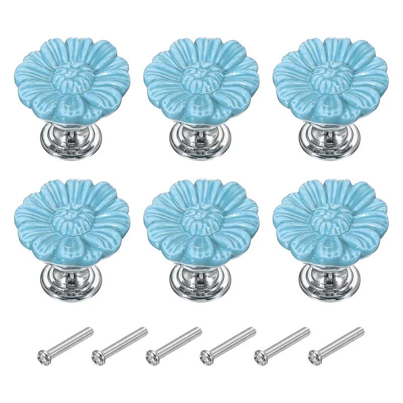 6 Pcs Floral Cabinet Knobs 1-5/16" Ceramic Round Dresser Drawer Knobs, Blue
