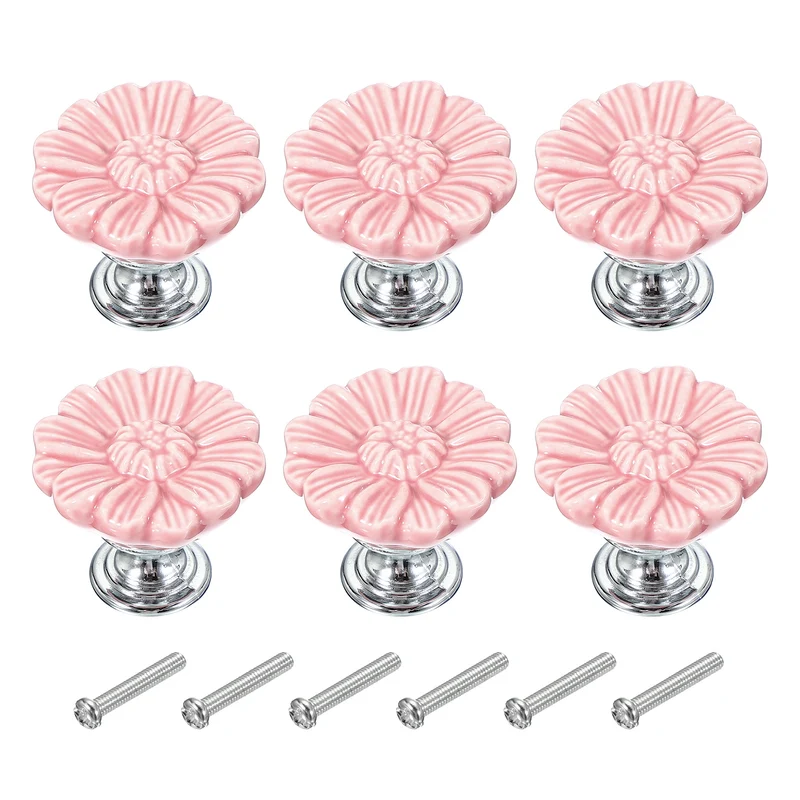 6Pcs Floral Cabinet Knobs 1-5/16" Ceramic Round Dresser Drawer Knobs Pink