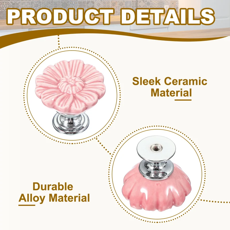 6Pcs Floral Cabinet Knobs 1-5/16" Ceramic Round Dresser Drawer Knobs Pink