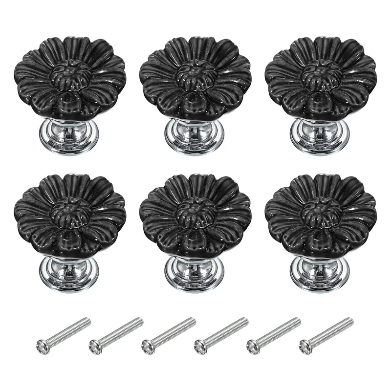 6 Pcs Floral Cabinet Knobs 1-5/16" Ceramic Round Dresser Drawer Knobs, Black