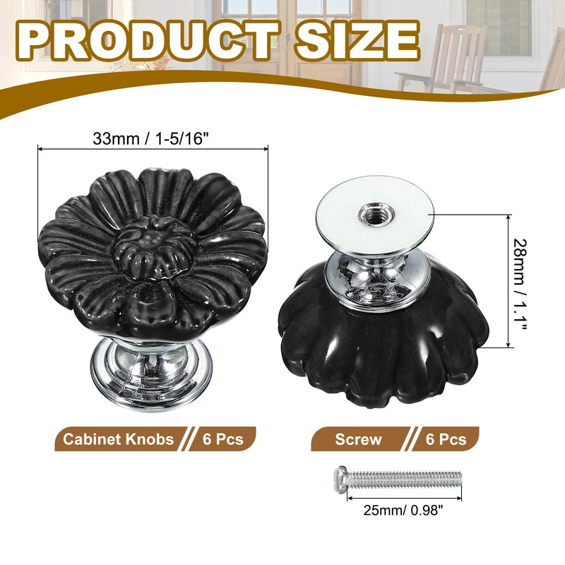 6 Pcs Floral Cabinet Knobs 1-5/16" Ceramic Round Dresser Drawer Knobs, Black
