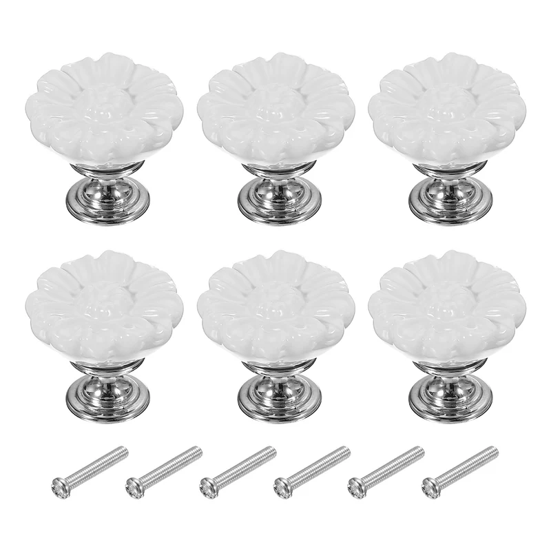 6 Pcs Floral Cabinet Knobs 1-5/16" Ceramic Round Dresser Drawer Knobs, White