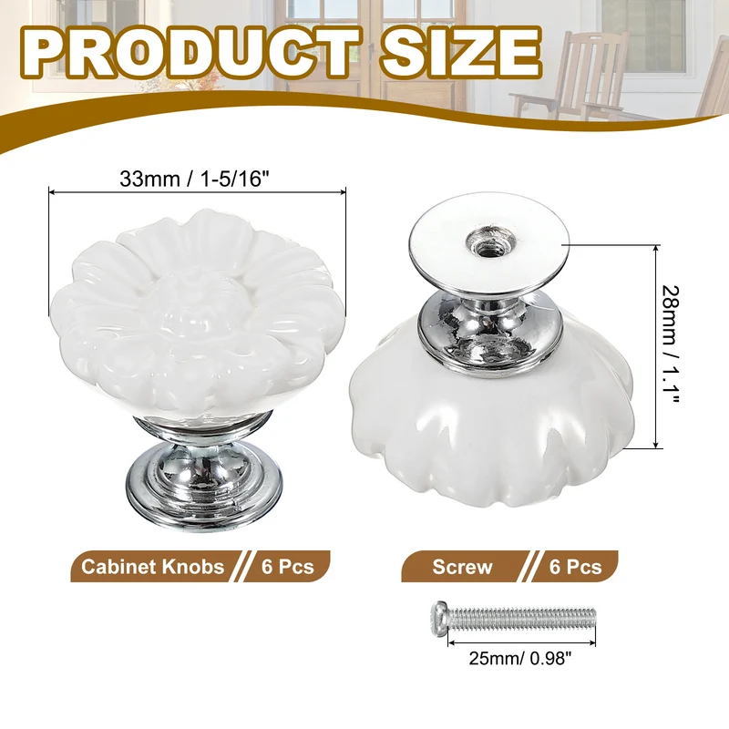 6 Pcs Floral Cabinet Knobs 1-5/16" Ceramic Round Dresser Drawer Knobs, White