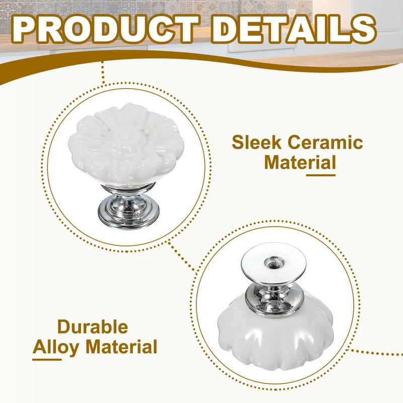 6 Pcs Floral Cabinet Knobs 1-5/16" Ceramic Round Dresser Drawer Knobs, White