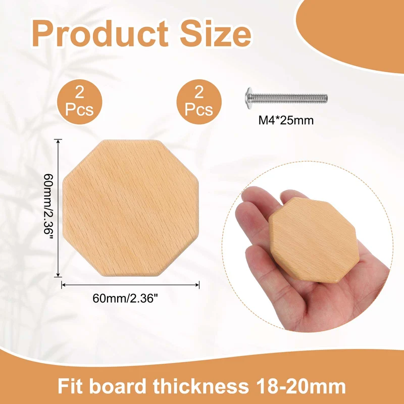 2 Pcs Octagon Wooden Knobs, Beech Wooden Knobs Cabinet Knobs for Dresser Drawers