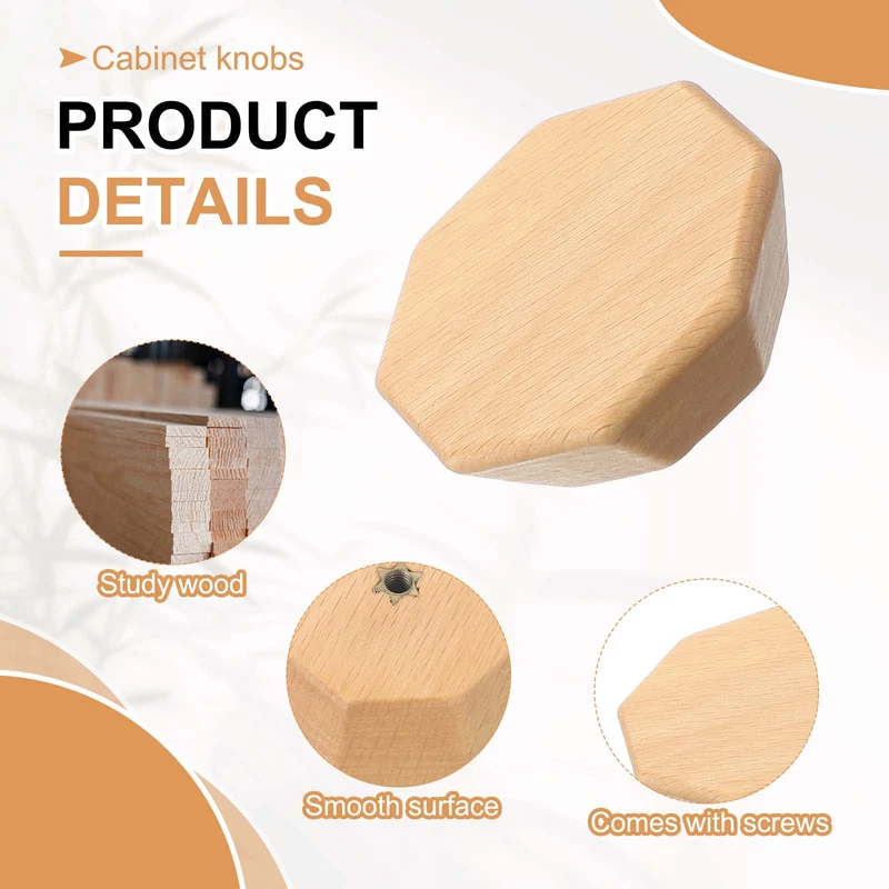 2 Pcs Octagon Wooden Knobs, Beech Wooden Knobs Cabinet Knobs for Dresser Drawers