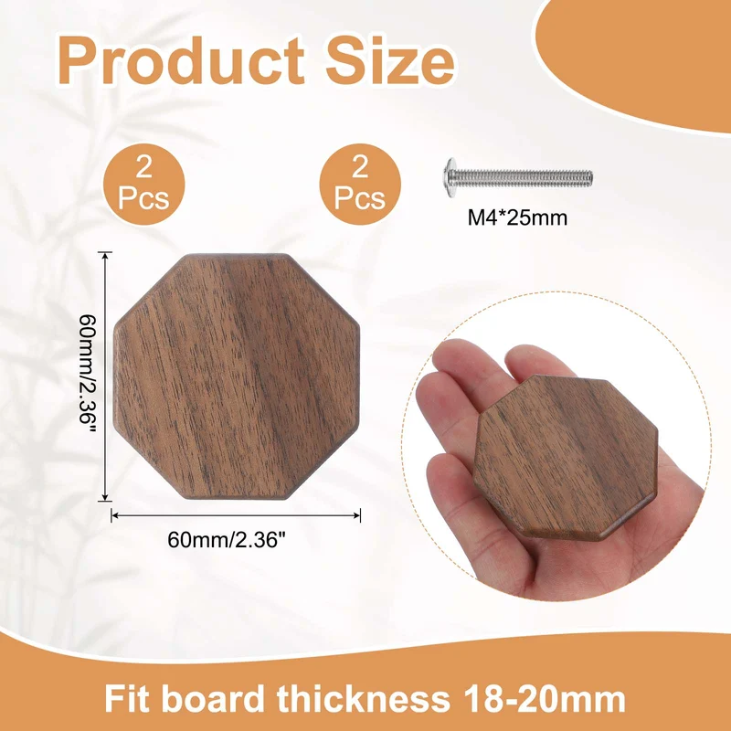 2 Pcs Octagon Wooden Knobs, Wooden Cabinet Knobs for Furniture Dresser Drawers