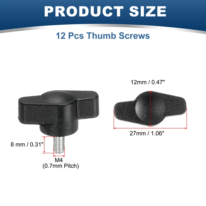 12 Pcs M4 x 8mm Tee Thumb Screws, 27mm Width Carbon Steel Tee Wing Knobs Screws