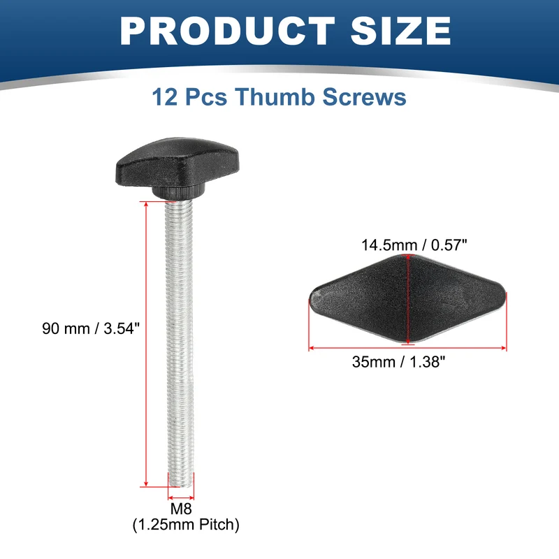 12 Pcs M8 x 90mm Tee Thumb Screws, 35mm Width Carbon Steel Tee Wing Knobs Screws