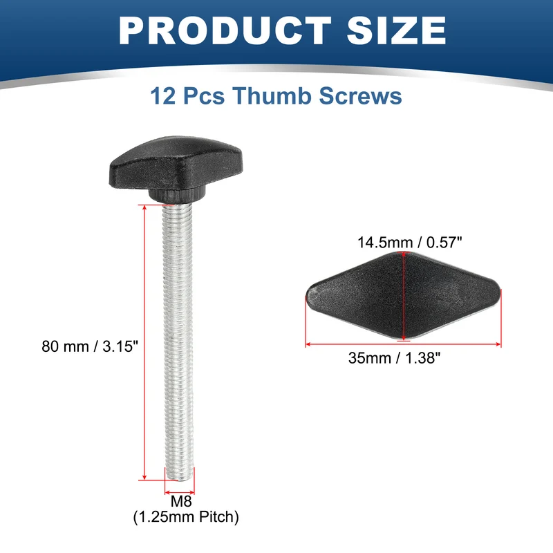 12 Pcs M8 x 80mm Tee Thumb Screws, 35mm Width Carbon Steel Tee Wing Knobs Screws