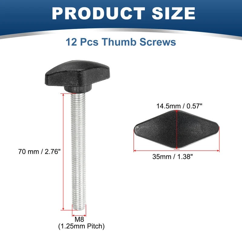 12 Pcs M8 x 70mm Tee Thumb Screws, 35mm Width Carbon Steel Tee Wing Knobs Screws