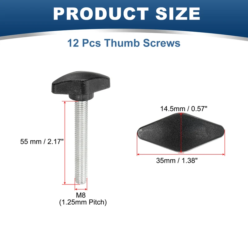 12 Pcs M8 x 55mm Tee Thumb Screws, 35mm Width Carbon Steel Tee Wing Knobs Screws