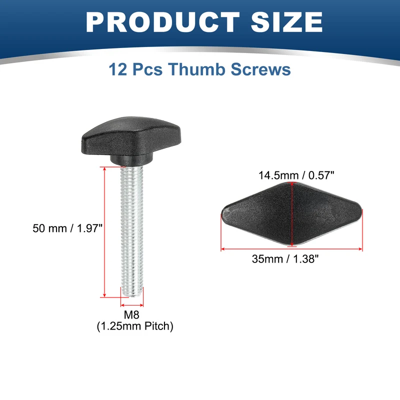 12 Pcs M8 x 50mm Tee Thumb Screws, 35mm Width Carbon Steel Tee Wing Knobs Screws